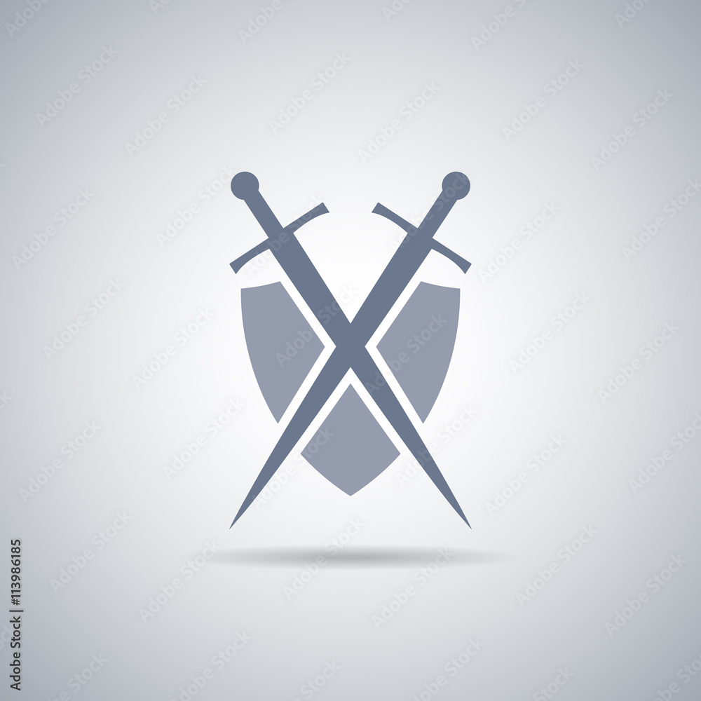 Shield and sword icon,shield and sword silhouette with shadow Shield and sword icon,shield and sword silhouette with shadow