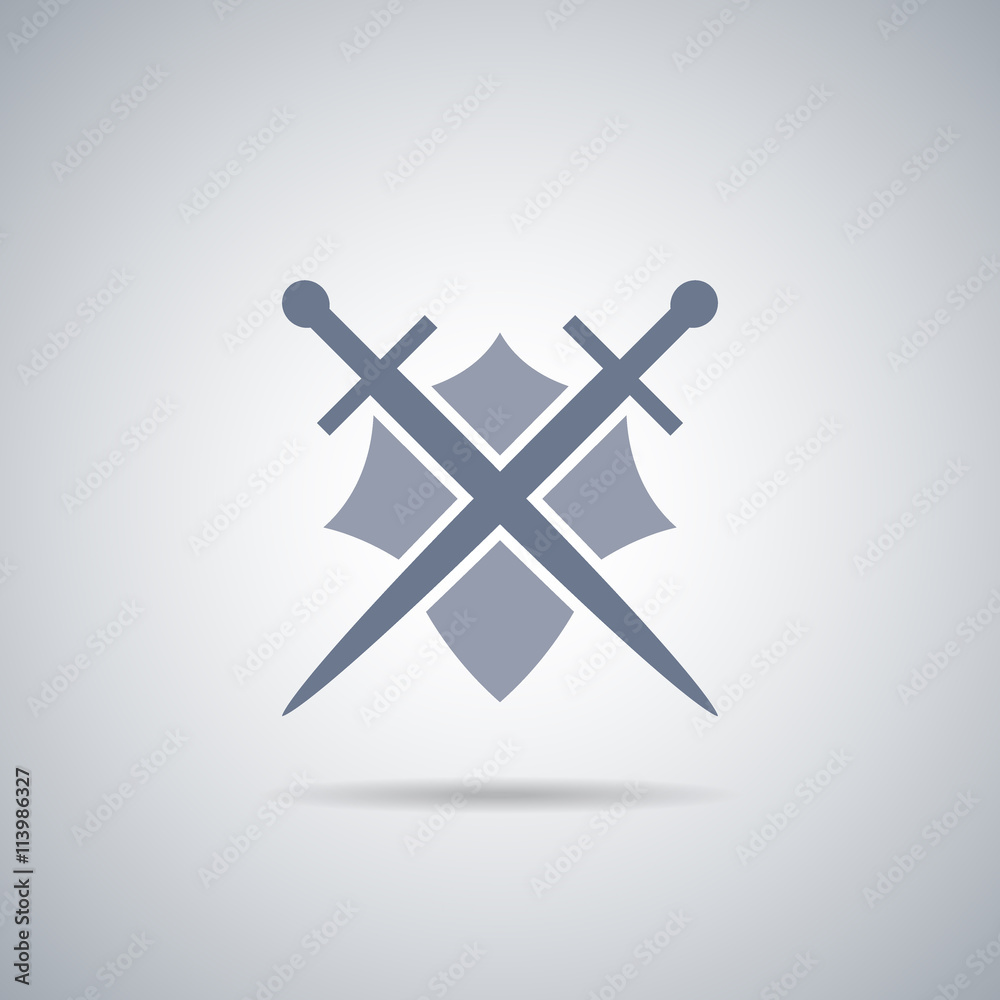 Shield and sword icon,shield and sword silhouette with shadow Shield and sword icon,shield and sword silhouette with shadow