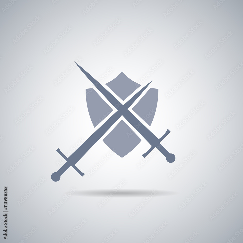 Shield and sword icon,shield and sword silhouette with shadow Shield and sword icon,shield and sword silhouette with shadow