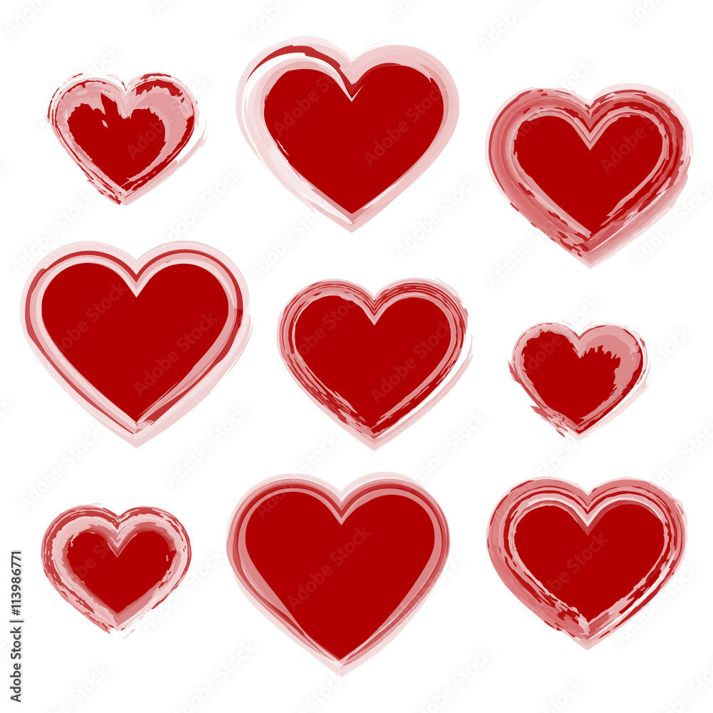 Red hearts set, isolated on white background, vector illustration.