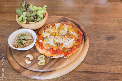 Healthy Vegetables Salad Sausage and Mushrooms Pizza On Wood