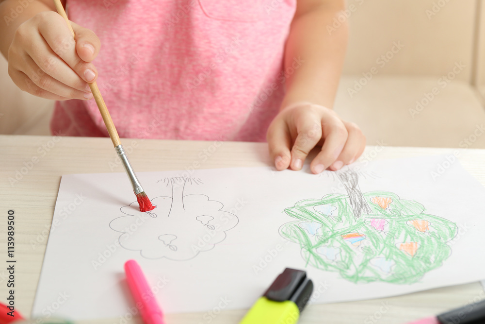 Child drawing tree with bright paints on paper, closeup Child drawing tree with bright paints on paper, closeup