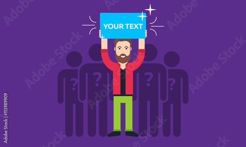 Hand holding sign. Different men. Leader. Blank protest sign. Picket sign. Political agitation campaign. Propaganda poster. Flat vector illustration
