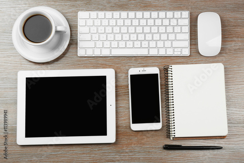 Flat lay of workplace in office with business accessories
