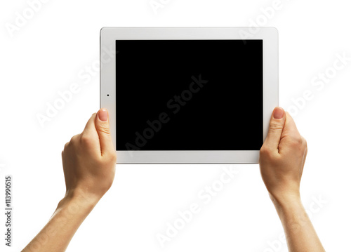 Female hands holding tablet isolated on white