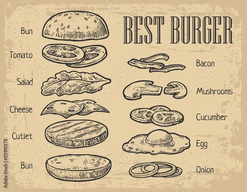 Burger ingredients on chalkboard. Isolated painted components