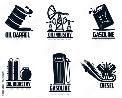 set of logos with oil and petrol station, minimalistic vector illustration isolated on white background, combustion and oil production, transportation of oil and gasoline