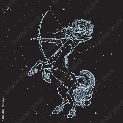 Rearing Centaur holding bow and arrow. Night sky background.