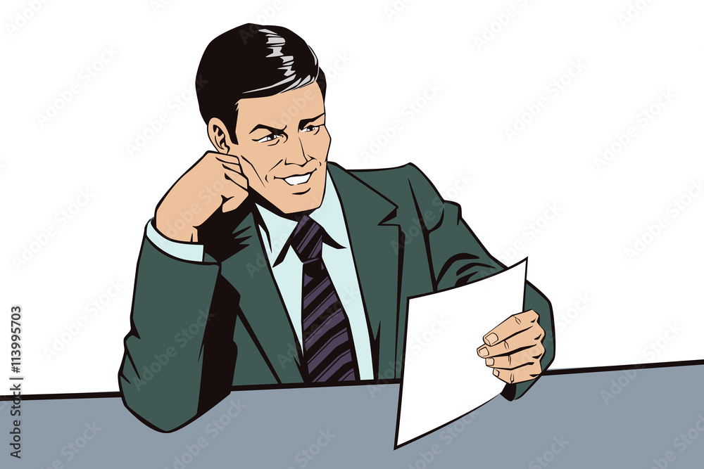 People in retro style. An man reads the documents. News, and fac