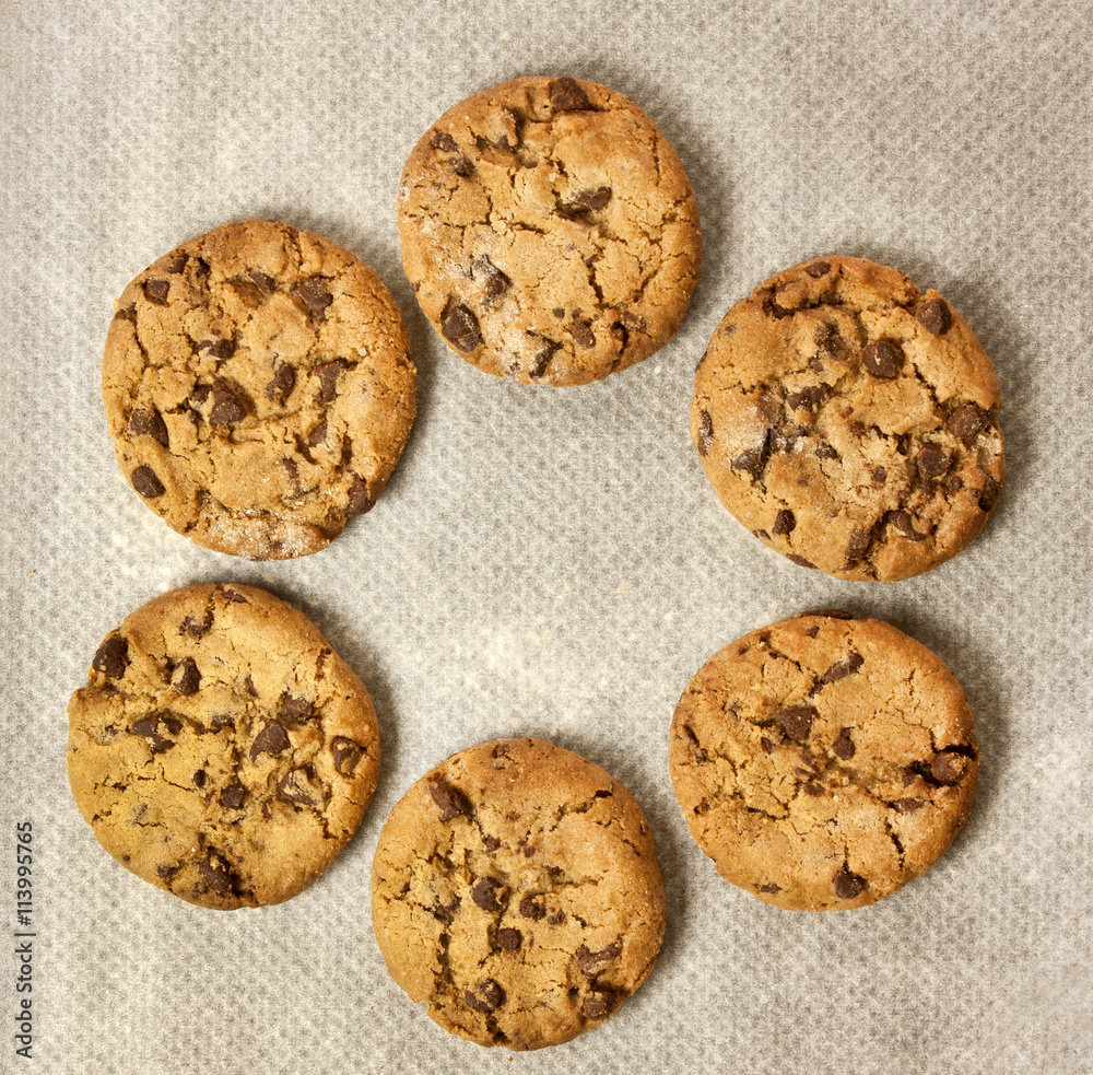 Freshly baked chocolate chips cookies, forming a circle frame for a text or logo Freshly baked chocolate chips cookies, forming a circle frame for a text or logo