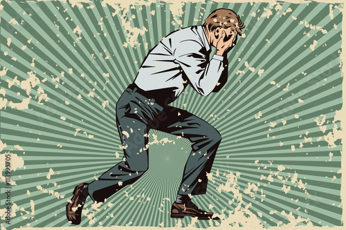 Upset man clutching his head. Grunge version.