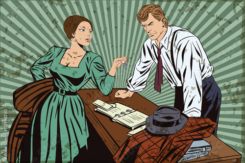 Private detective and girl. Grunge version.