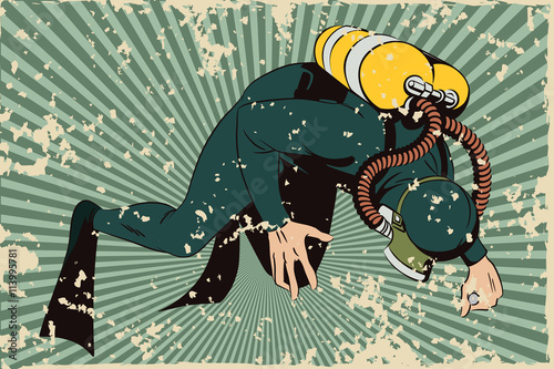 People in retro style. Diver. Grunge version.