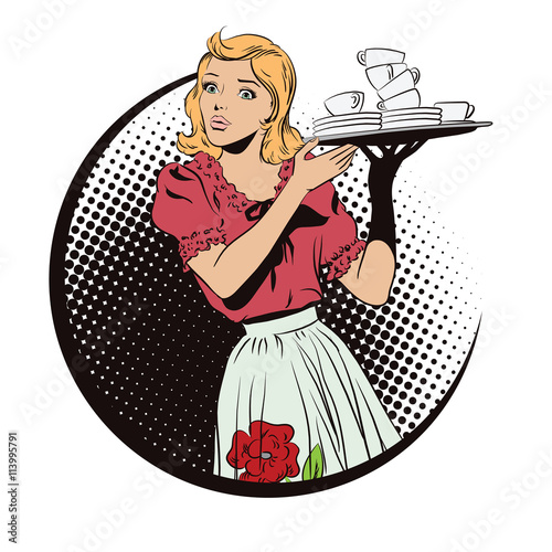 People in retro style. Waitress with breakfast.