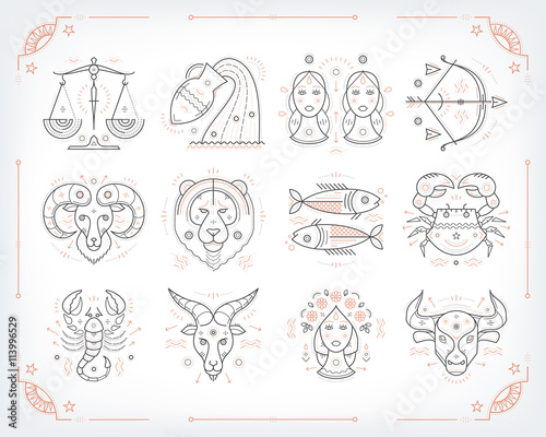 Thin line vector zodiacal symbols. Astrology, horoscope sign, graphic design elements, printing template. Vintage outline stroke style. Isolated on white.