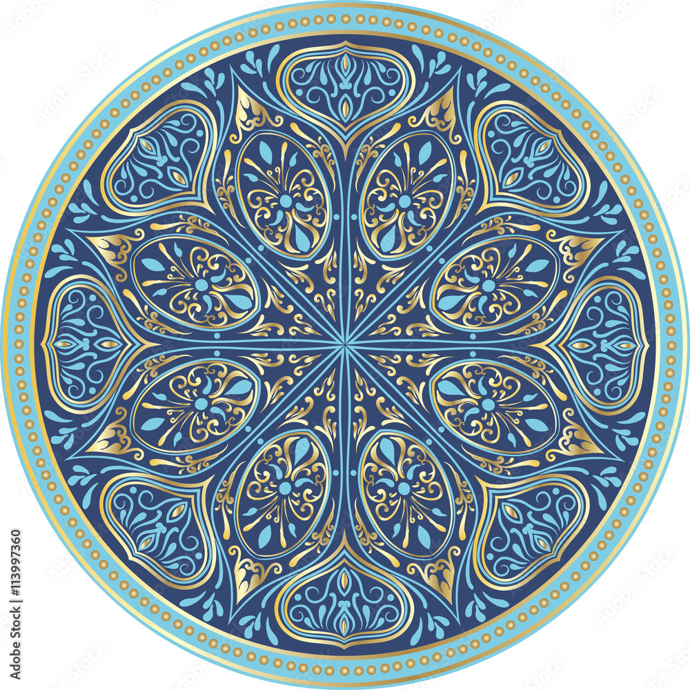 Drawing of a floral mandala in turquoise, blue and gold colors on a white background
