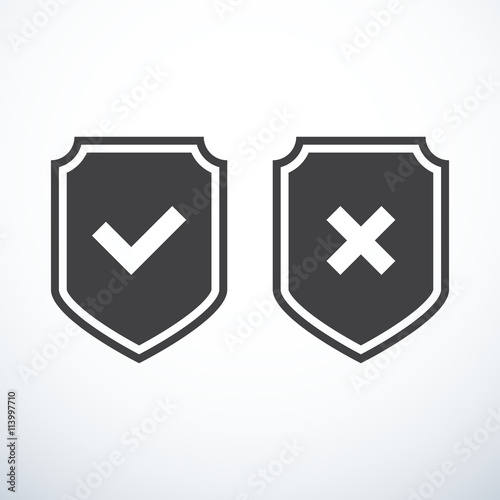 Set of shield icons. Tick and cross