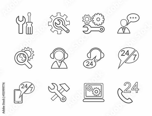 Technical support, contour icons, monochrome. 