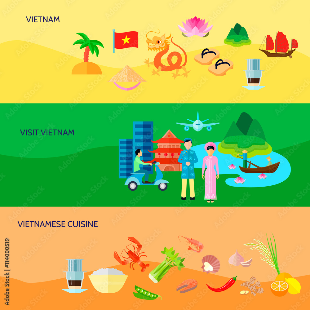 Fototapeta premium Vietnamese Culture Horizontal Flat Banners Set
