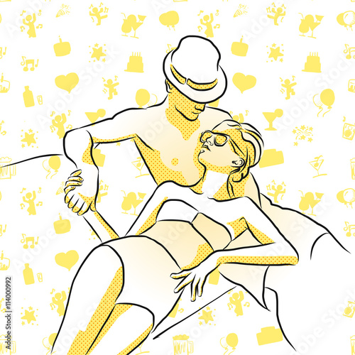 Reiches junges Paar relaxt im Sommer mit skizzierten Icons 