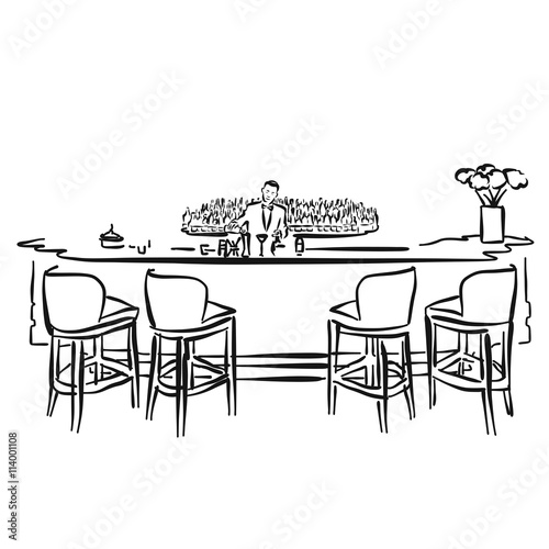 Hotel Bar mit Barkeeper, Vektor Outline Skizze