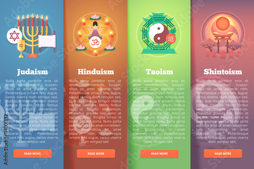 Set of religion vector flat banners. Religions and confessions illustration concepts. Flat modern style.