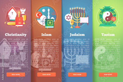 Set of religion vector flat banners. Religions and confessions illustration concepts. Flat modern style.