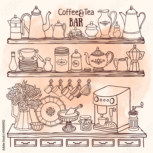 Sketch of pots, cups, coffee machine in the cupboard. Dishes on the shelves