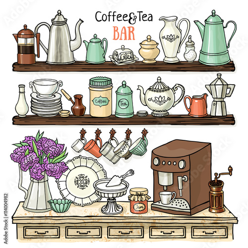 Sketch of pots, cups, coffee machine in the cupboard. Dishes on the shelves