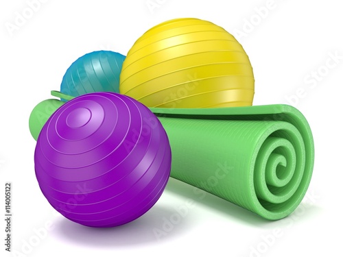 Green fitness mat and pilates ball. 3D render illustration isolated on white background