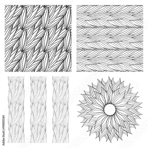 Seamless vector pattern of interwoven leaves and a circular pattern.