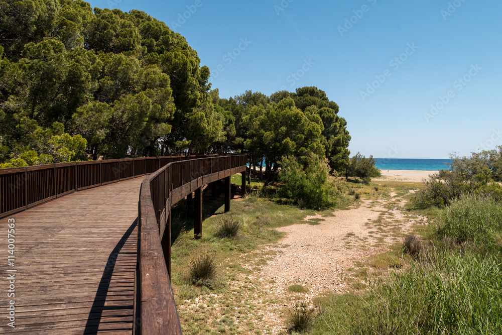 Fototapeta premium Strand am Punta del Riu - Fußgängerbrücke