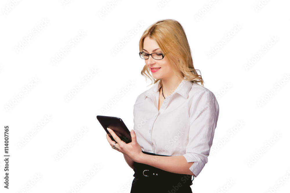 girl on a white background with a tablet in hand, online help girl on a white background with a tablet in hand, online help