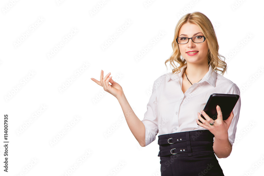 girl on a white background with a tablet in hand, online help girl on a white background with a tablet in hand, online help