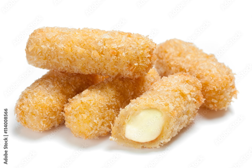 Fried Cheese nuggets isolated on white background. Fried mozzarella cheese sticks close up on white Fried Cheese nuggets isolated on white background. Fried mozzarella cheese sticks close up on white