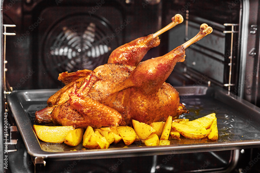 Fototapeta premium Delicious baked chicken in oven close-up