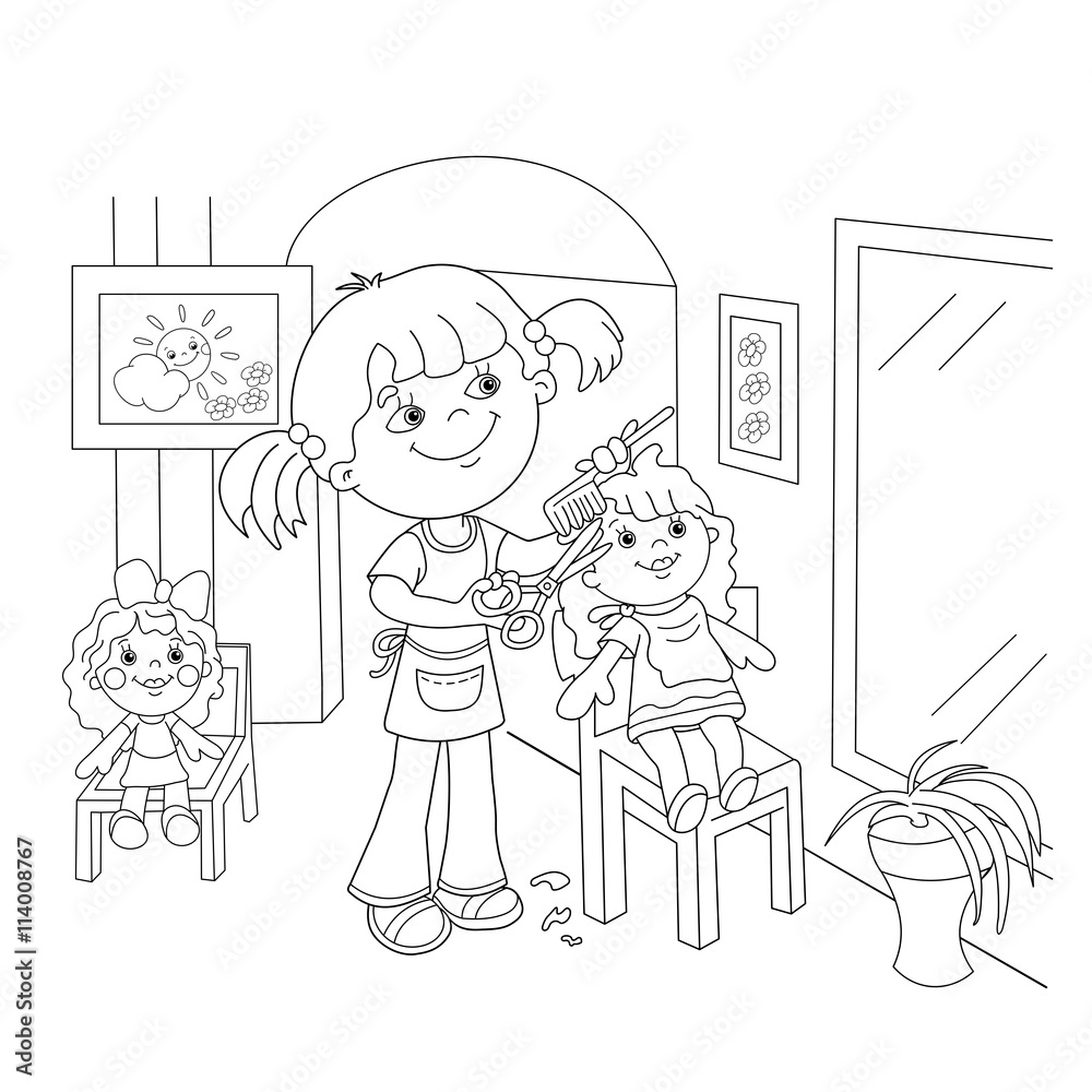 Coloring Page Outline Of girl playing in the Barber shop Coloring Page Outline Of girl playing in the Barber shop