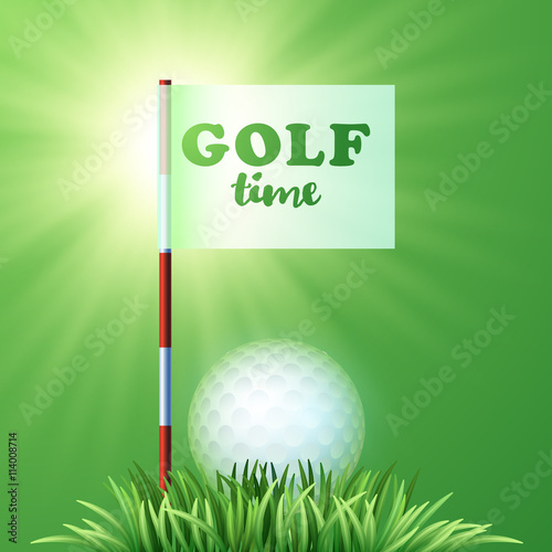 Golf ball, green grass, flag. Sport design. Golf time. Workshop