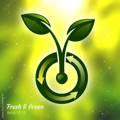 Green bud on blurred abstract glass background with water drops vector illustration.