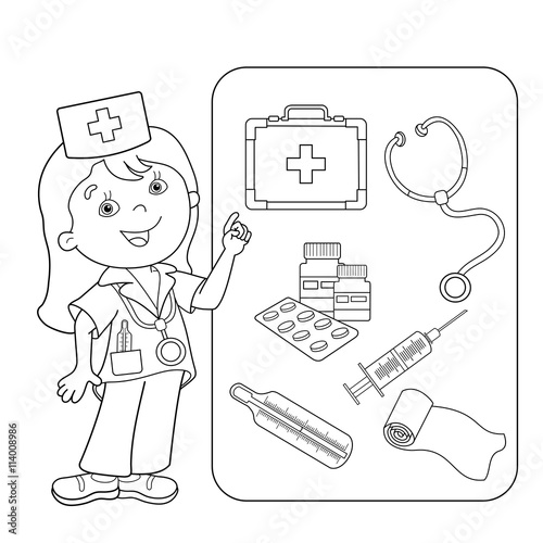 Coloring Page Outline Of cartoon doctor with first aid kit.