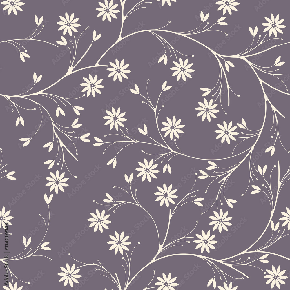Elegant seamless pattern with chamomile flowers on purple backgr