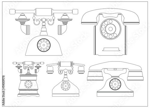 Flat line old phones isolated on white background