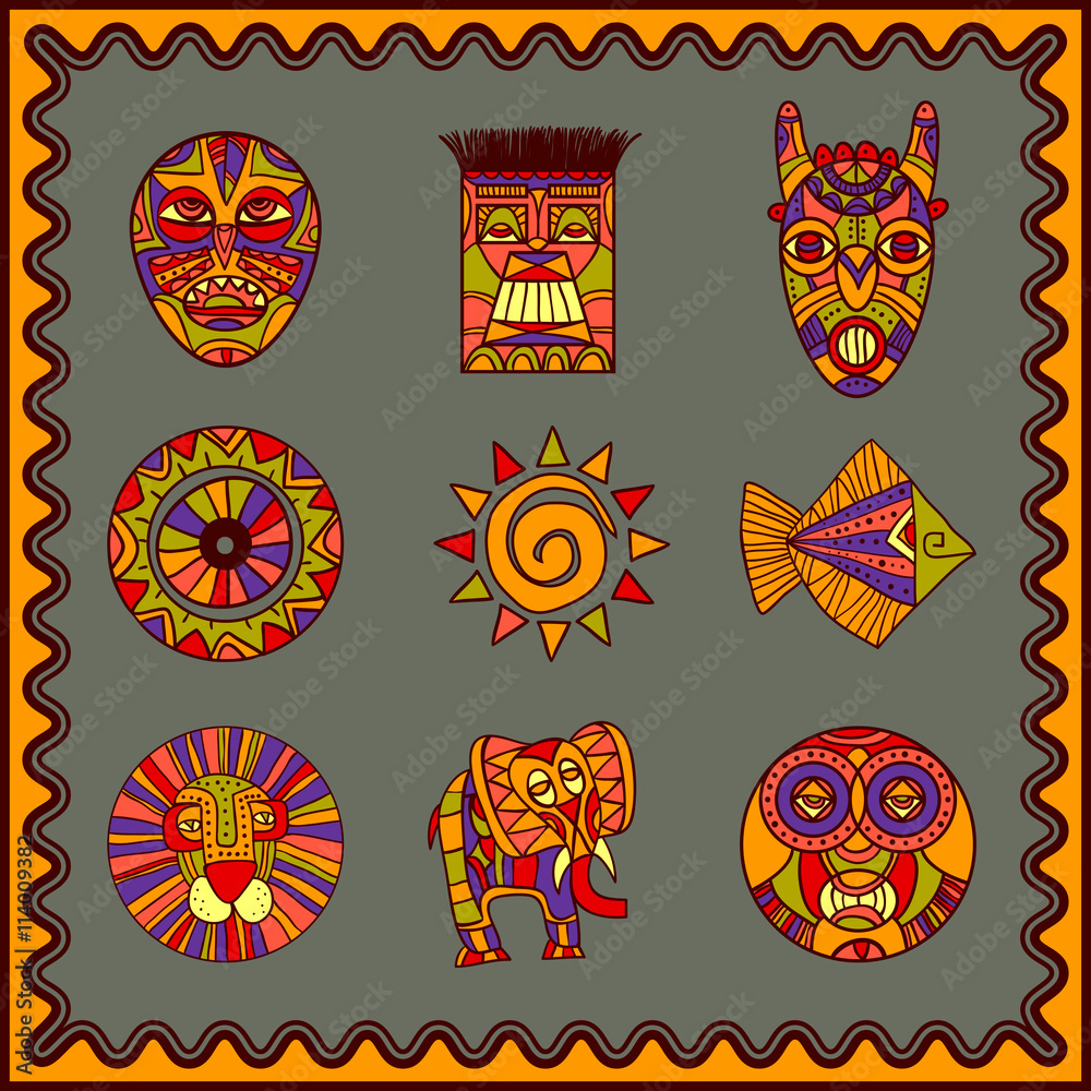African hand drawn art icons set. African hand drawn signs and frame. Lion, fish, sun, mask