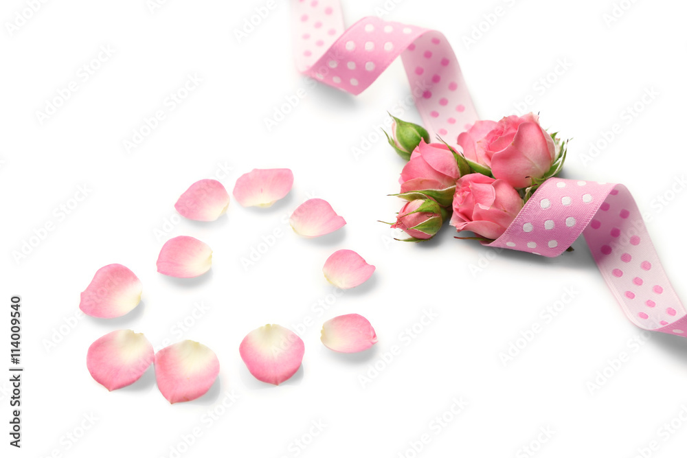 Pink ribbon with flowers. Wedding concept Pink ribbon with flowers. Wedding concept