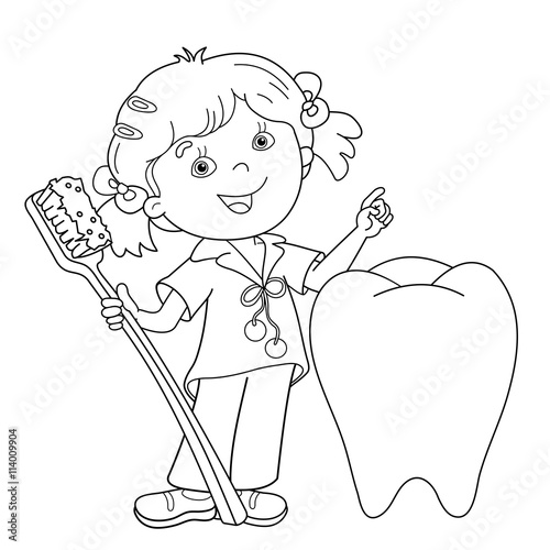 Coloring Page Outline Of cartoon girl with toothbrush