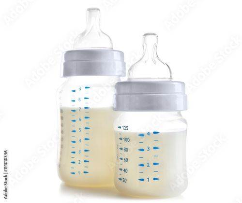 Baby milk bottles, isolated on white