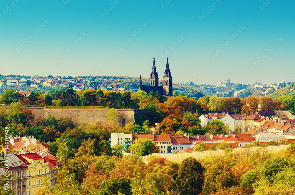 Obraz premium View to the Vysegrad in Prague, Czech Republic at autumn with cathedral and red roofs, travel seasonal vintage hipster background