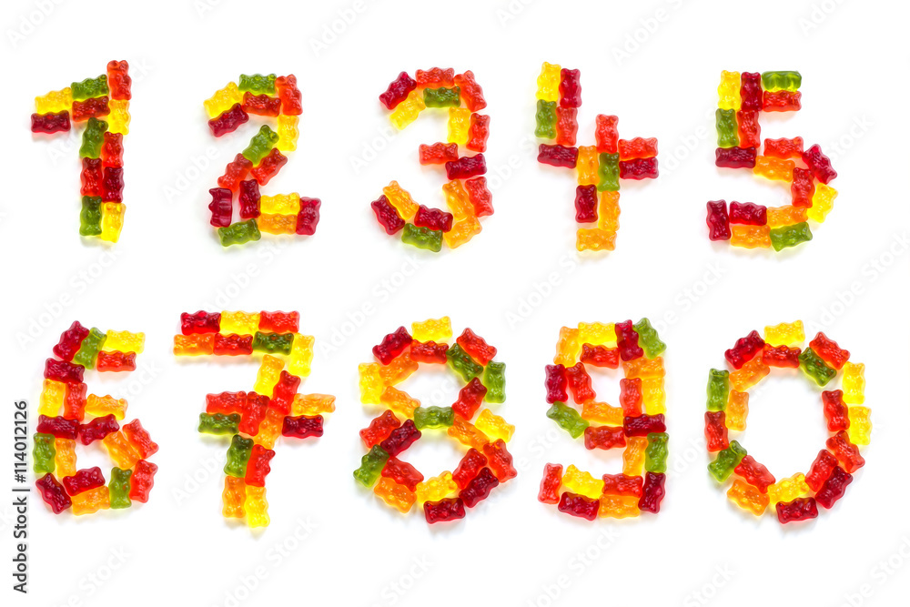 digits from 0 to 9 made of colorful gummy bears isolated on white digits from 0 to 9 made of colorful gummy bears isolated on white
