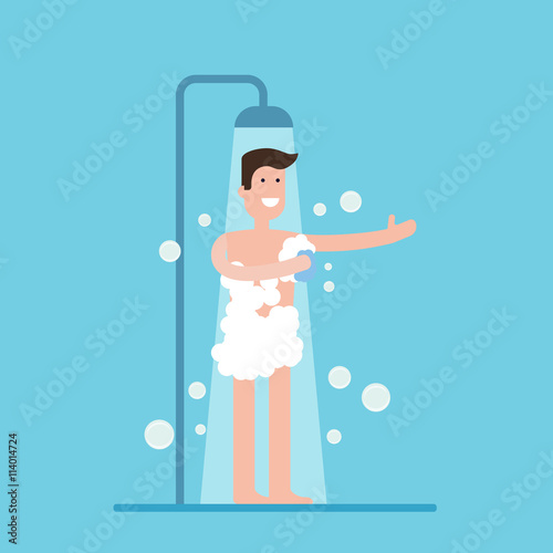 taking a shower in bathroom. Flat illustration
