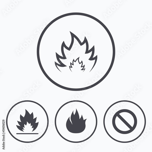 Fire flame icons. Prohibition stop symbol.